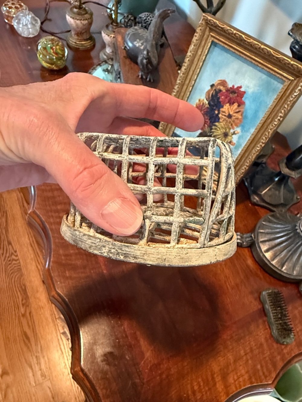 Rustic Metal Flower Frog - Distressed White Home Accent - Picture 3 of 4